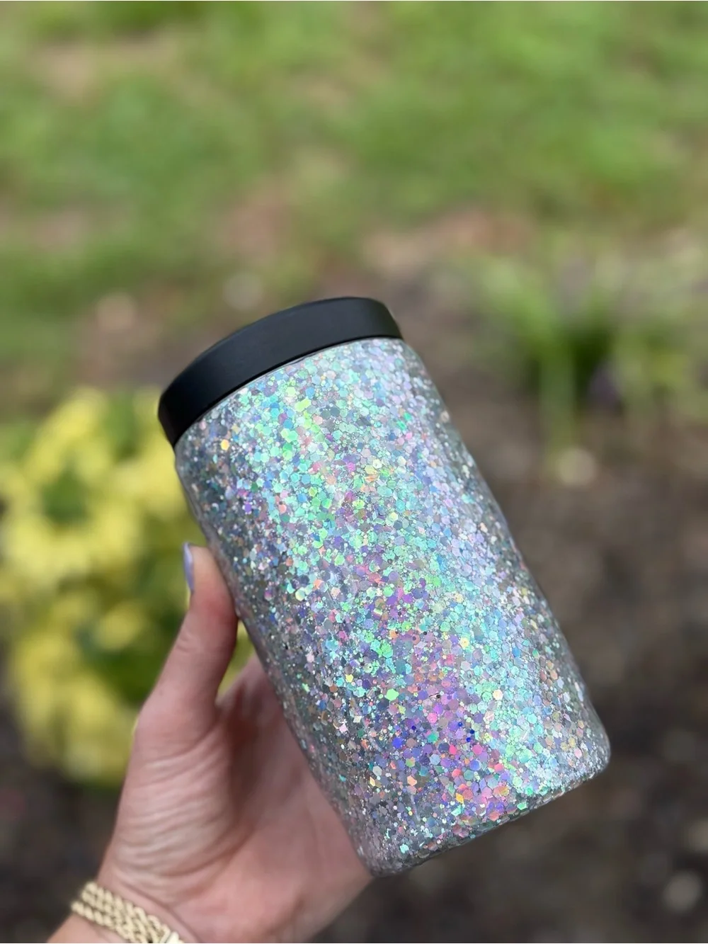 Glitter Silver Holographic Glitter Can Cooler Cup with Black Lid